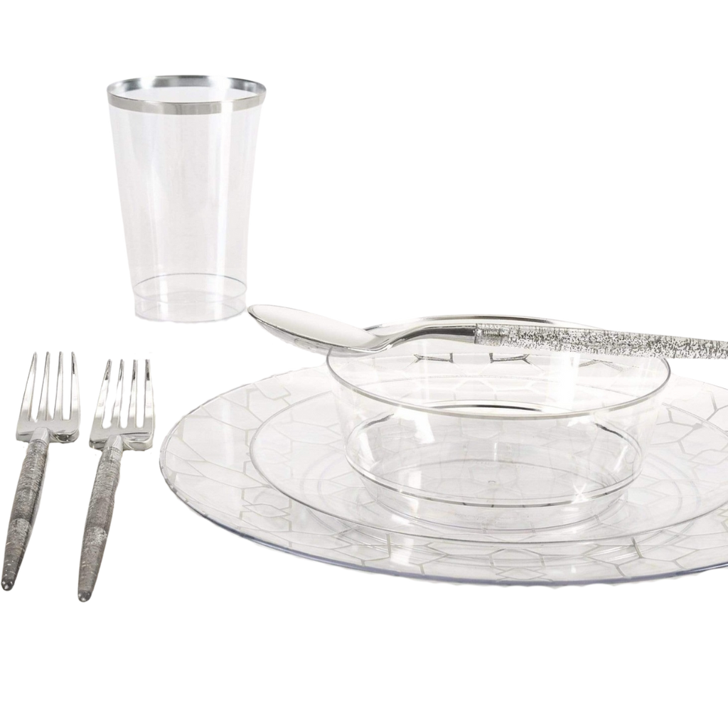 Clear and silver dinnerware set with plates cups and utensils elegant event from Parte Haus party supply store in Bethesda Maryland