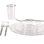 Clear and silver dinnerware set with plates cups and utensils elegant event from Parte Haus party supply store in Bethesda Maryland