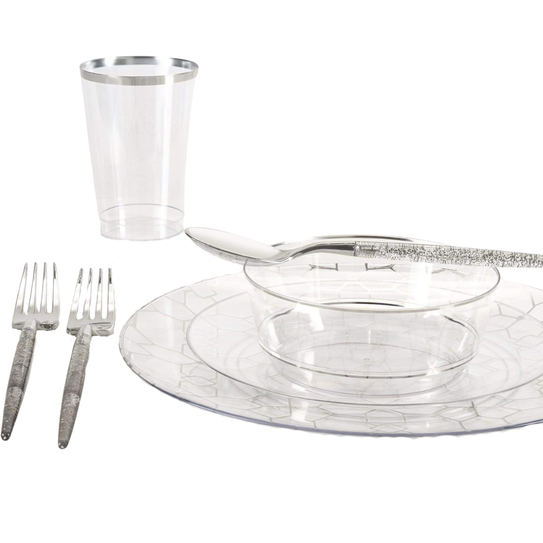 Clear and silver dinnerware set with plates cups and utensils elegant event from Parte Haus party supply store in Bethesda Maryland