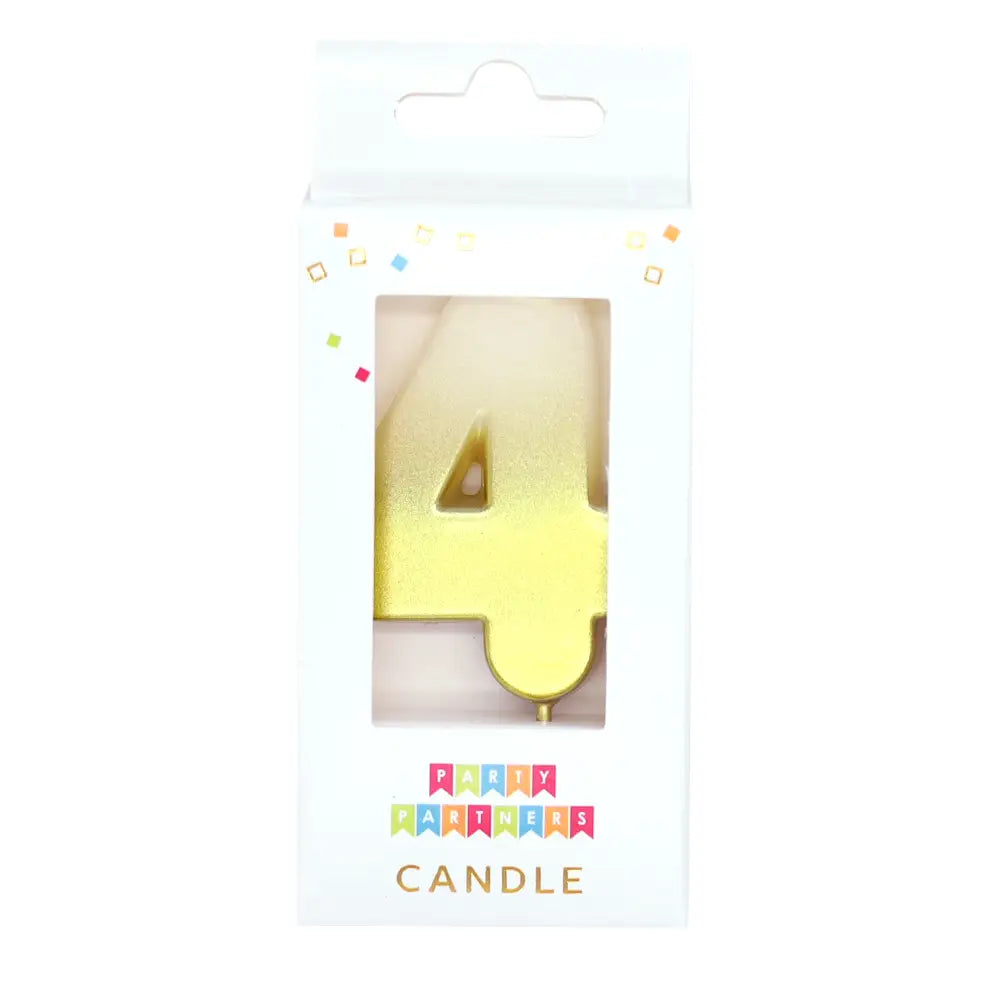 Gold number 4 candle in packaging for birthday from Parte Haus party supply store in Bethesda MD