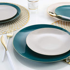 Blue and cream plate set elegant dinnerware with gold cutlery celebration dining from Parte Haus party supply store in Bethesda MD