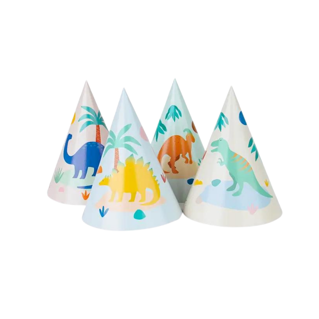 Colorful dinosaur print paper cone hats kids birthday decoration from Parte Haus party supply store in Bethesda MD.