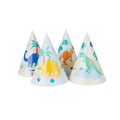 Colorful dinosaur print paper cone hats kids birthday decoration from Parte Haus party supply store in Bethesda MD.