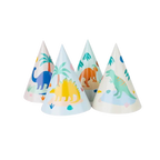 Colorful dinosaur print paper cone hats kids birthday decoration from Parte Haus party supply store in Bethesda MD.