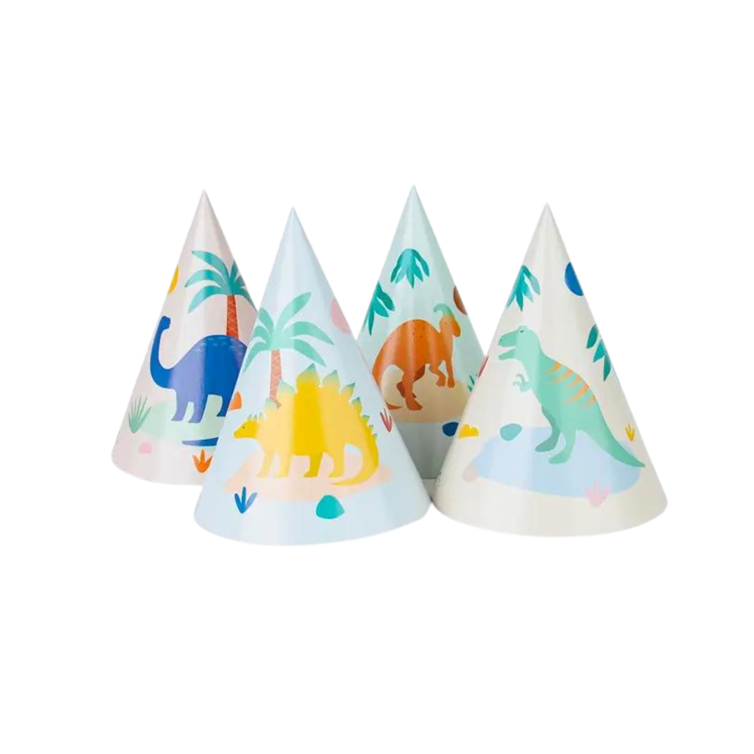 Colorful dinosaur print paper cone hats kids birthday decoration from Parte Haus party supply store in Bethesda MD.