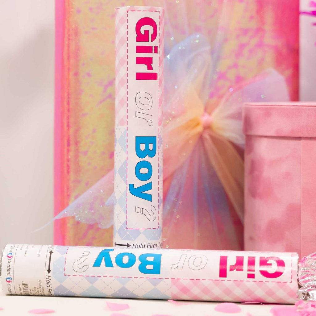 Pink and blue gender reveal confetti poppers for gender reveal from Parte Haus party supply store in Bethesda Maryland