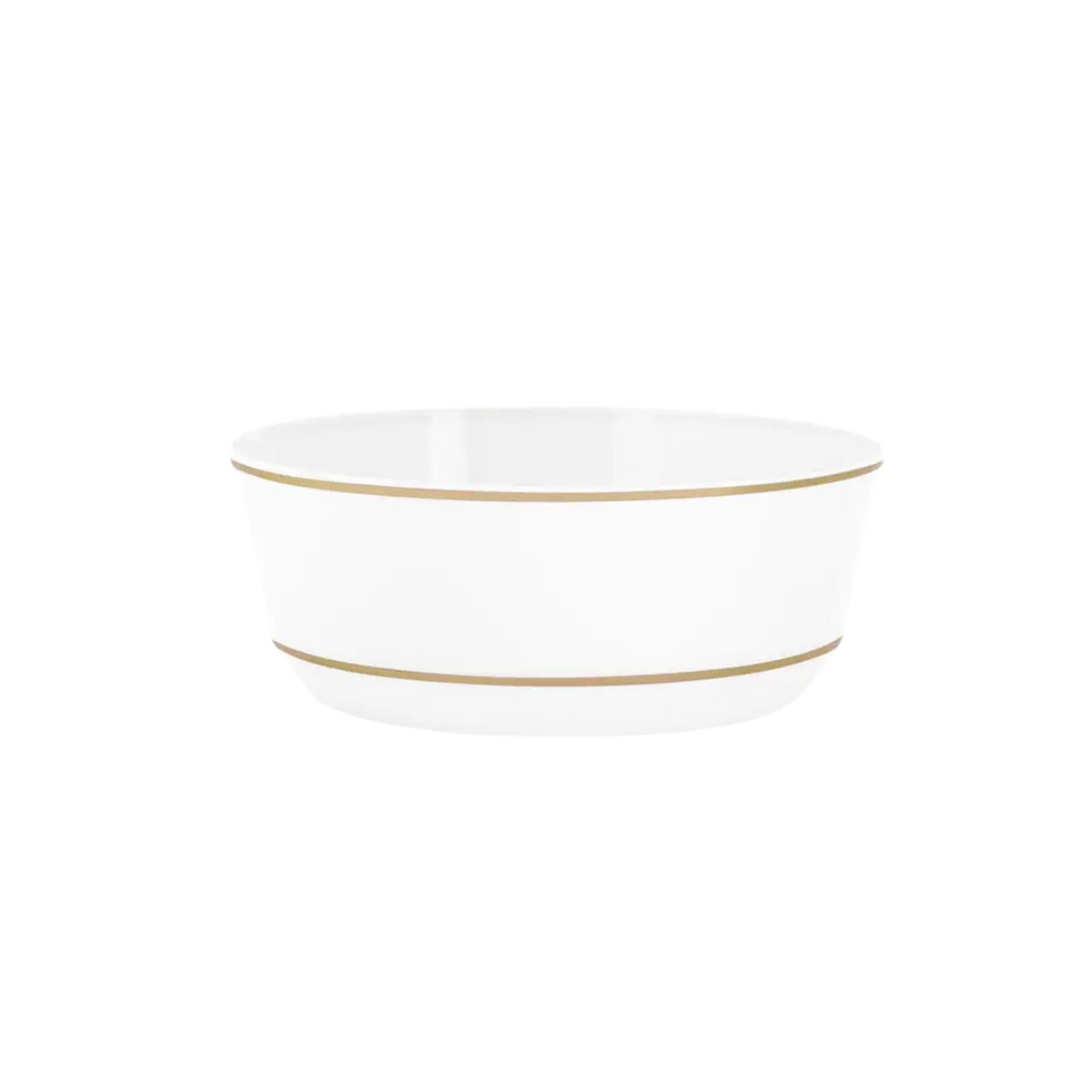 White gold plastic dessert bowl with gold rim for elegant events from Parte Haus party supply store in Bethesda MD