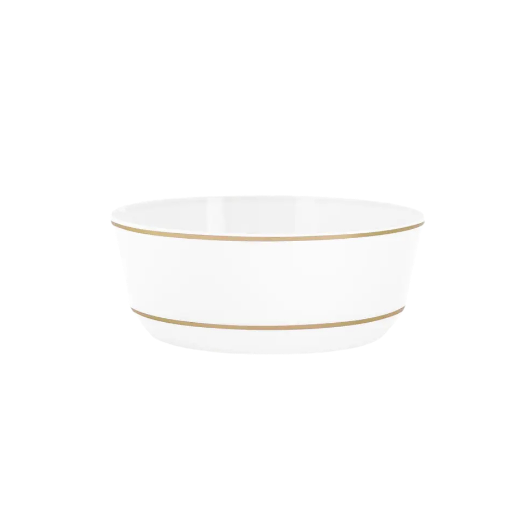 White gold plastic dessert bowl with gold rim for elegant events from Parte Haus party supply store in Bethesda MD