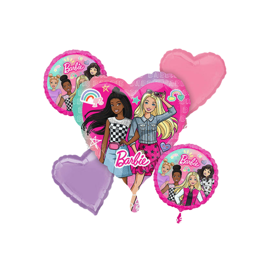 Pink and purple Barbie balloon bouquet with cartoon characters for birthday theme from Parte Haus party supply store in Bethesda MD.