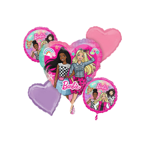 Pink and purple Barbie balloon bouquet with cartoon characters for birthday theme from Parte Haus party supply store in Bethesda MD.