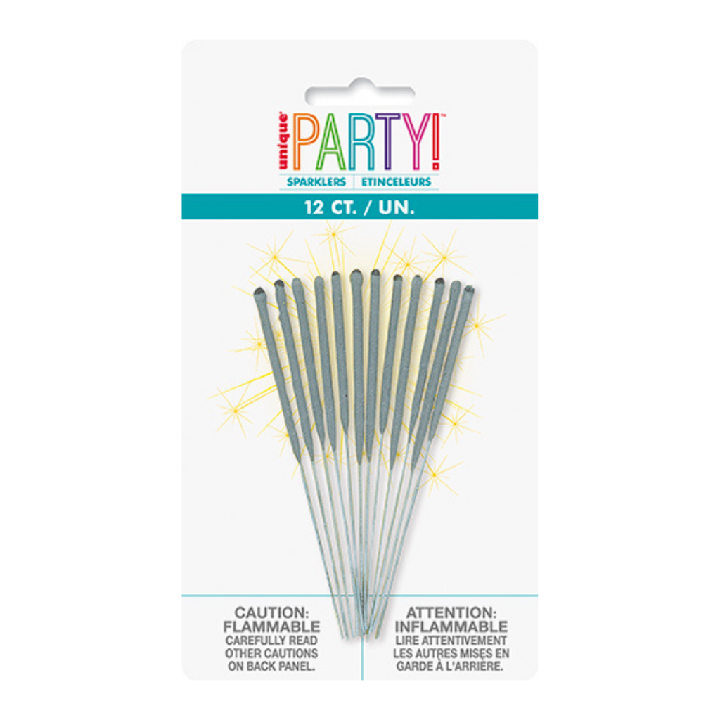 Silver sparkler sticks twelve pack for birthday celebration from Parte Haus party supply store in Bethesda MD