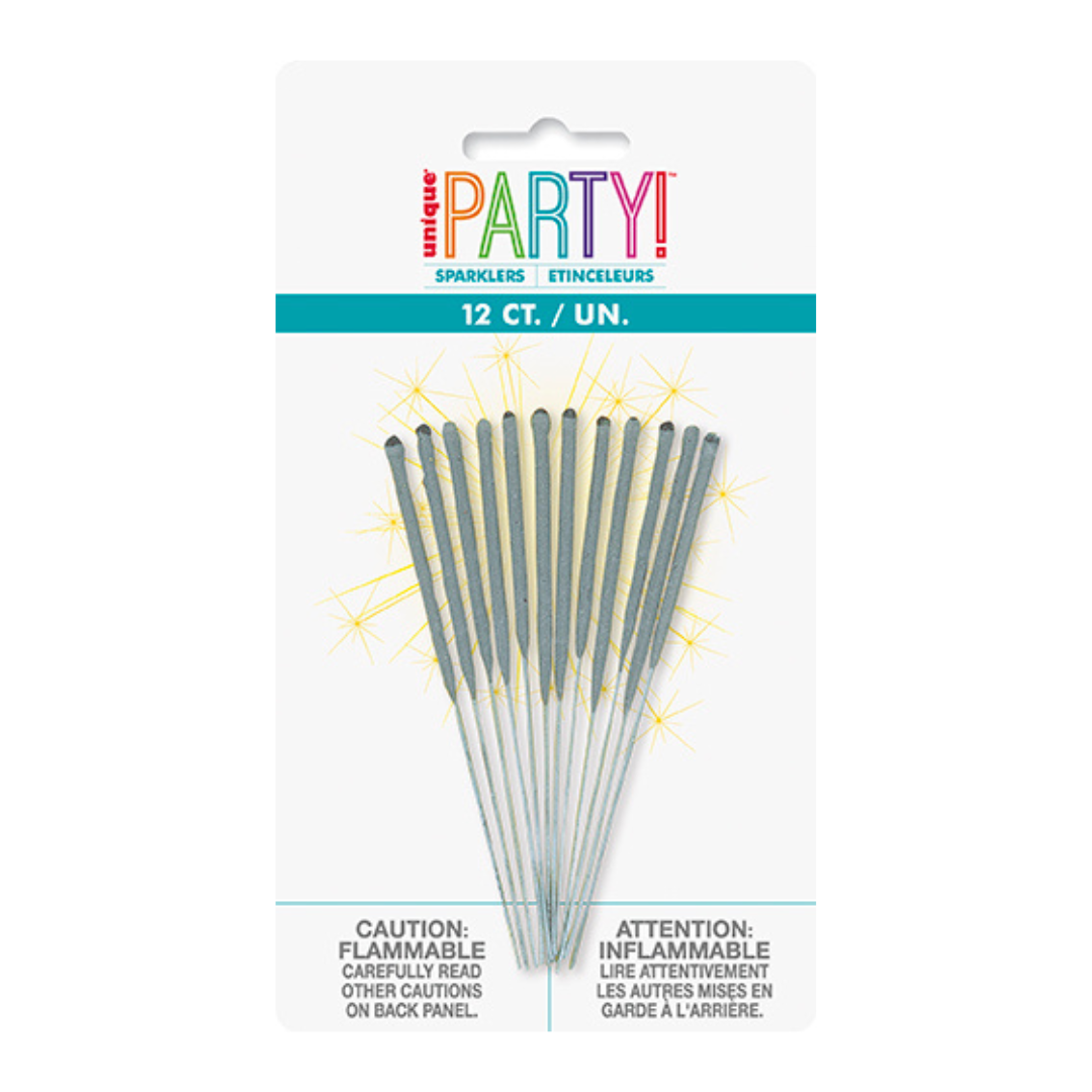 Silver sparkler sticks twelve pack for birthday celebration from Parte Haus party supply store in Bethesda MD