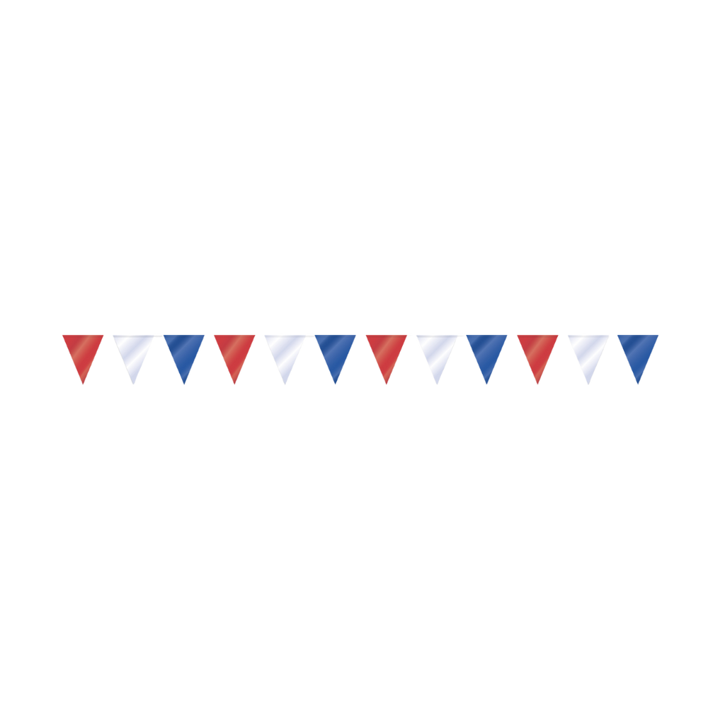Red white and blue pennant banner with triangle flags patriotic decor from Parte Haus party supply store in Bethesda MD