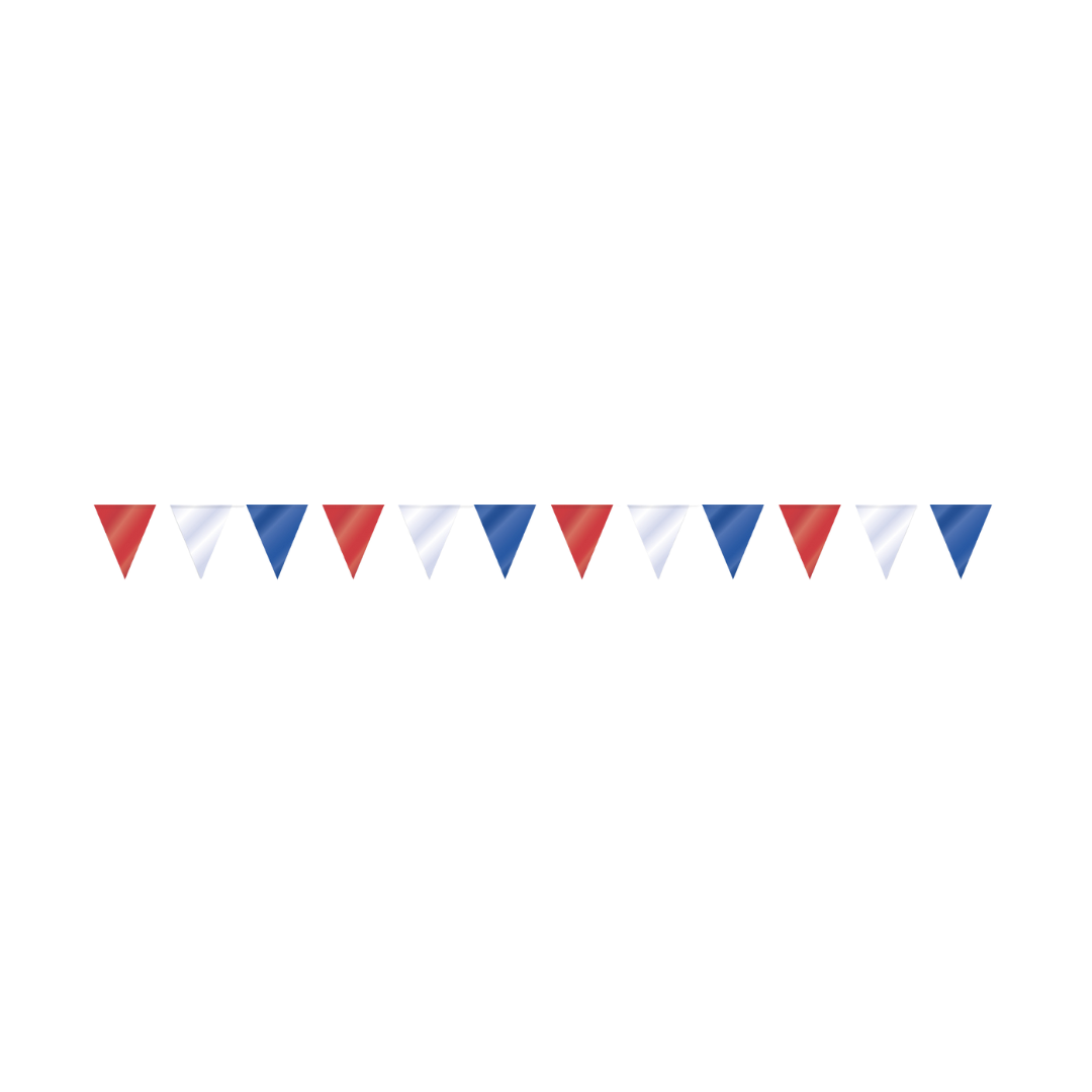 Red white and blue pennant banner with triangle flags patriotic decor from Parte Haus party supply store in Bethesda MD