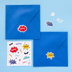 Blue superhero stickers set with envelopes for birthday Parte Haus party supply store in Bethesda Maryland