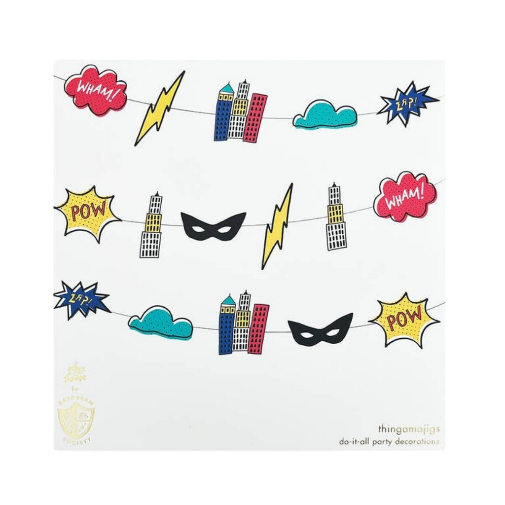 Multicolor superhero comic garland with masks buildings and speech bubbles for birthday from Parte Haus party supply store in Bethesda Maryland