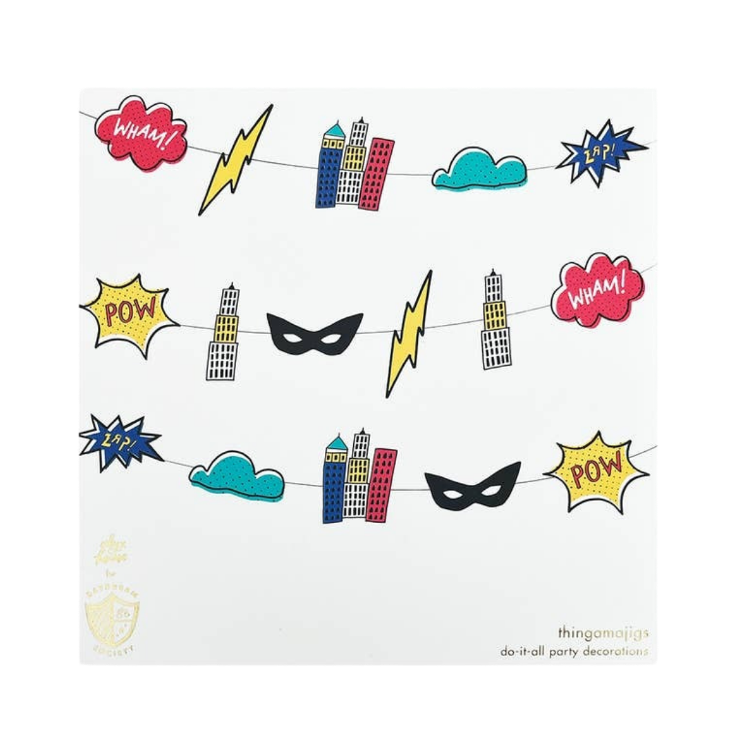 Multicolor superhero comic garland with masks buildings and speech bubbles for birthday from Parte Haus party supply store in Bethesda Maryland