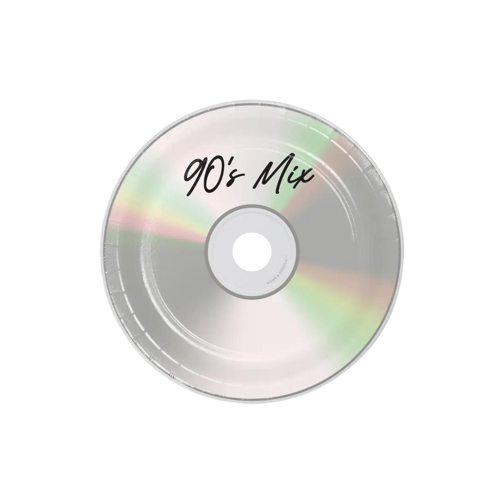 silver 90s mix CD dessert paper plate music theme from Parte Haus party supply store in Bethesda Maryland