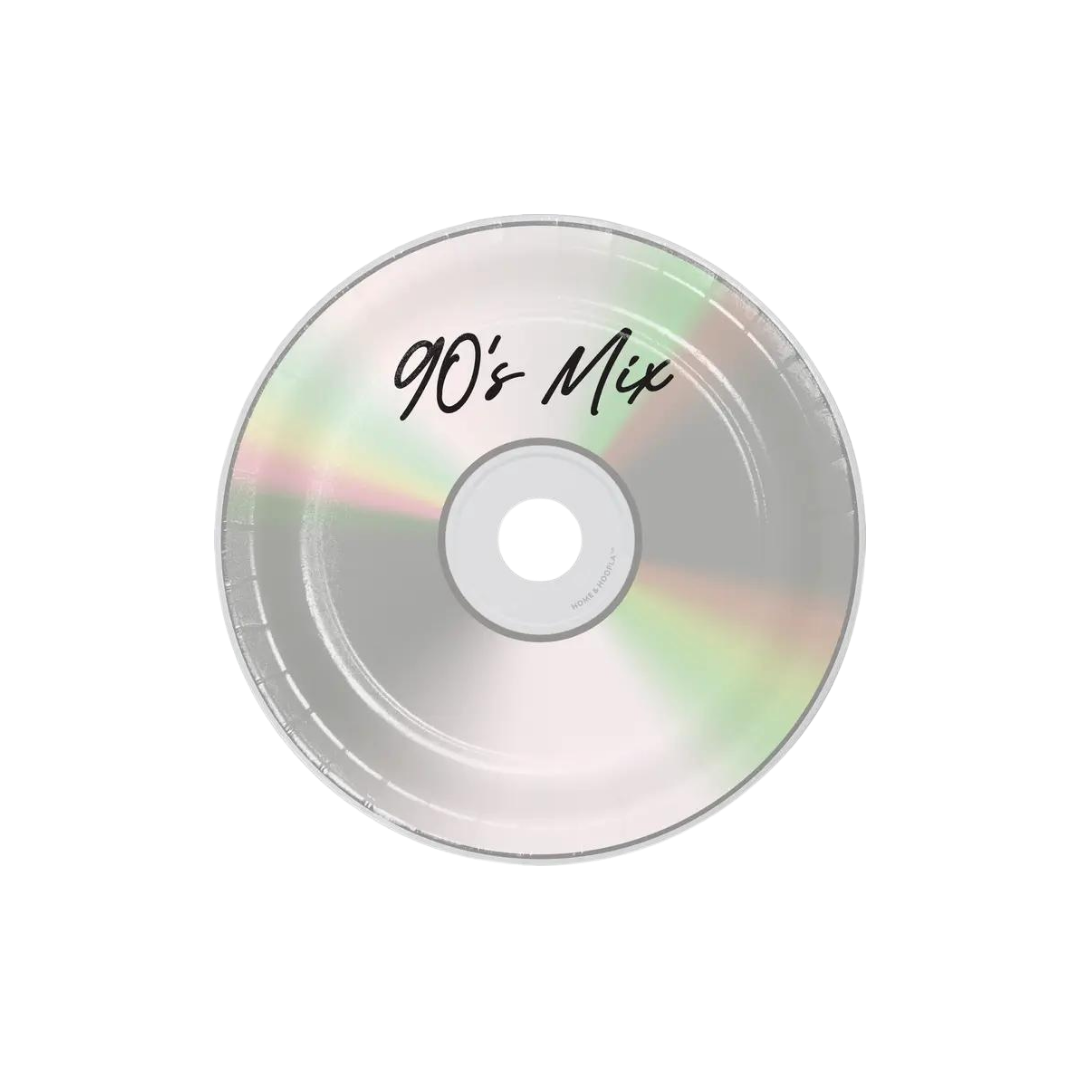 silver 90s mix CD dessert paper plate music theme from Parte Haus party supply store in Bethesda Maryland