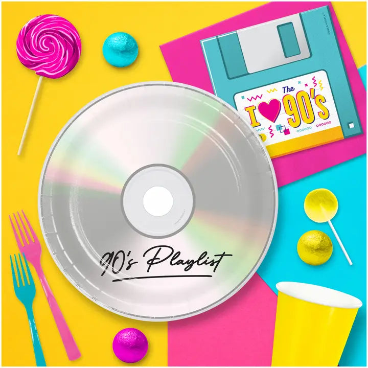 Silver CD shaped dinner plate with 90s Playlist print for 90s themed party from Parte Haus party supply store in Bethesda MD