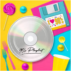 Silver CD shaped dinner plate with 90s Playlist print for 90s themed party from Parte Haus party supply store in Bethesda MD