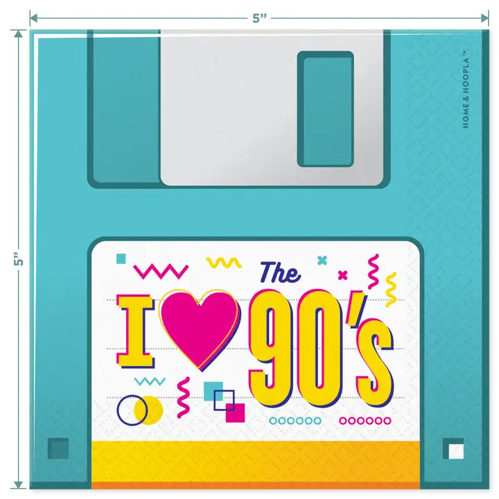 Blue 90s theme beverage napkin with floppy disk design for retro party from Parte Haus party supply store in Bethesda MD
