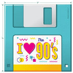 Blue 90s theme beverage napkin with floppy disk design for retro party from Parte Haus party supply store in Bethesda MD