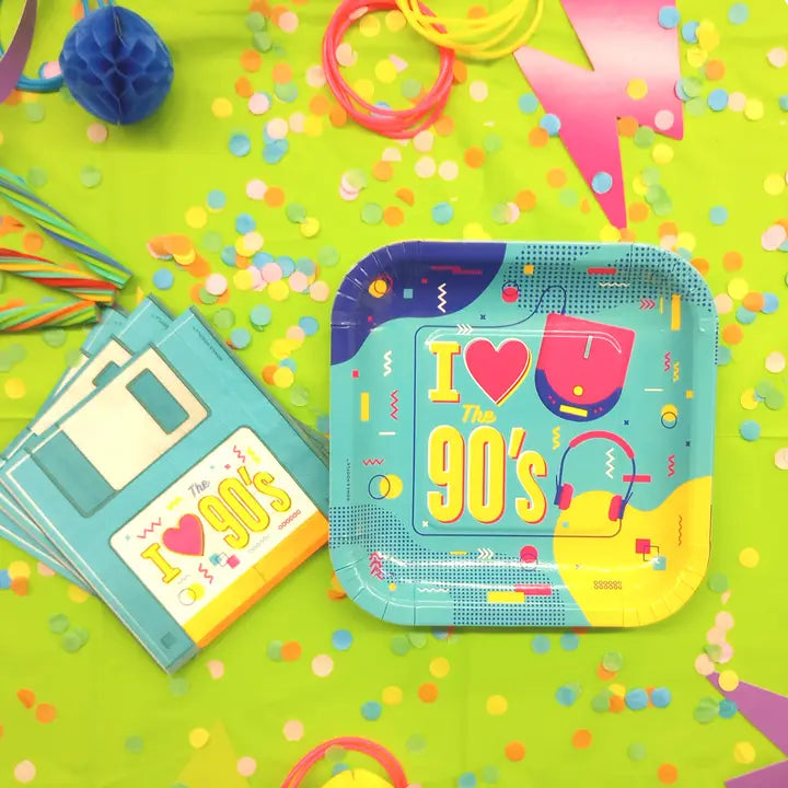 Blue 90s theme beverage napkins with I love the 90s design for retro party from Parte Haus party supply store in Bethesda MD