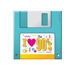 Blue 90s theme beverage napkin designed as floppy disk for retro party from Parte Haus party supply store in Bethesda MD