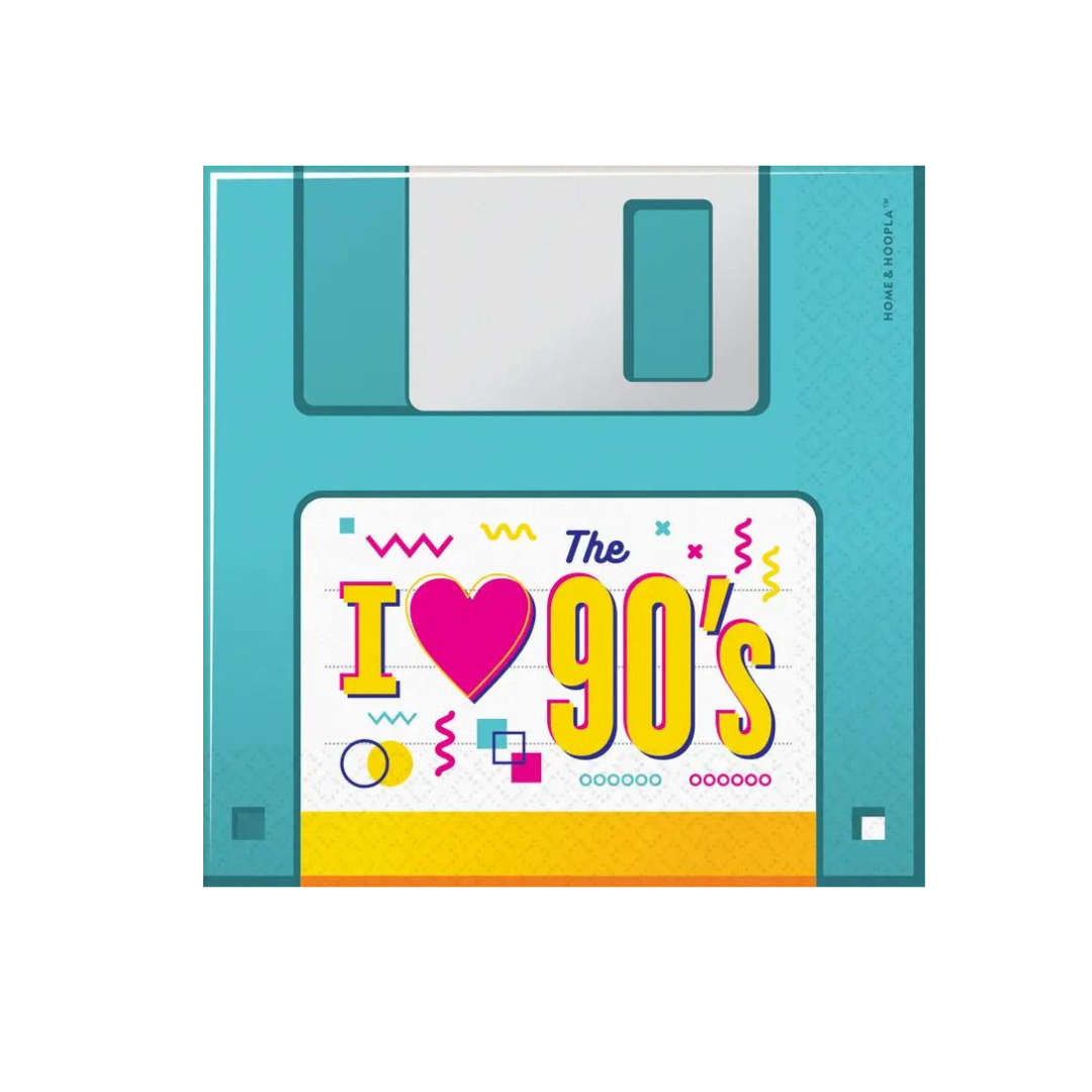 Blue 90s theme beverage napkin designed as floppy disk for retro party from Parte Haus party supply store in Bethesda MD