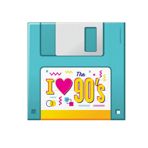 Blue 90s theme beverage napkin designed as floppy disk for retro party from Parte Haus party supply store in Bethesda MD