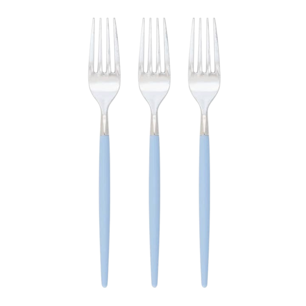 Light blue fork set with sleek handles for birthday or baby shower from Parte Haus party supply store in Bethesda MD