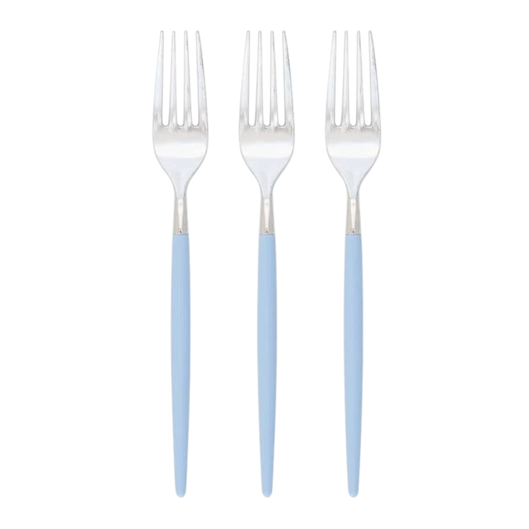 Light blue fork set with sleek handles for birthday or baby shower from Parte Haus party supply store in Bethesda MD