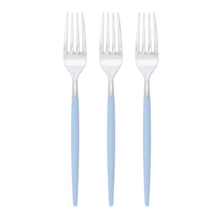 Ice Blue and Silver Chic Round Plastic Forks - 32 pcs