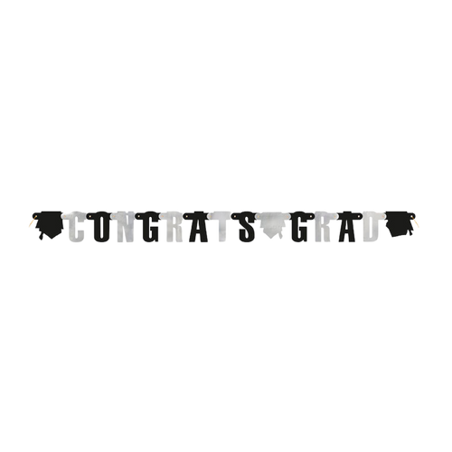 Black and silver congrats grad banner with graduation caps graduation theme from Parte Haus party supply store in Bethesda MD