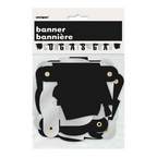 Black and white graduation banner with cap cutouts graduation theme from Parte Haus party supply store in Bethesda MD.