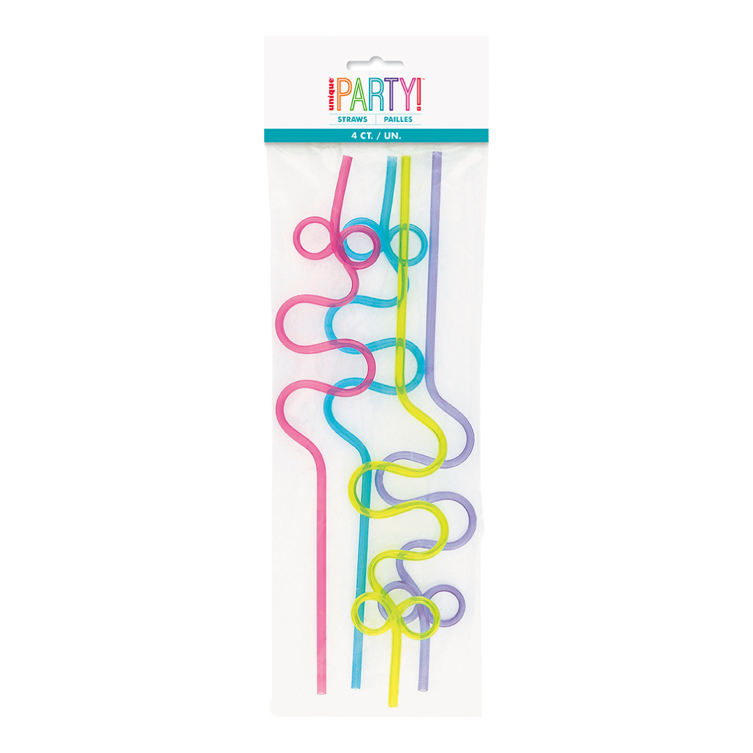 Assorted Colors Squiggle Loop Plastic Straws - 4 pk