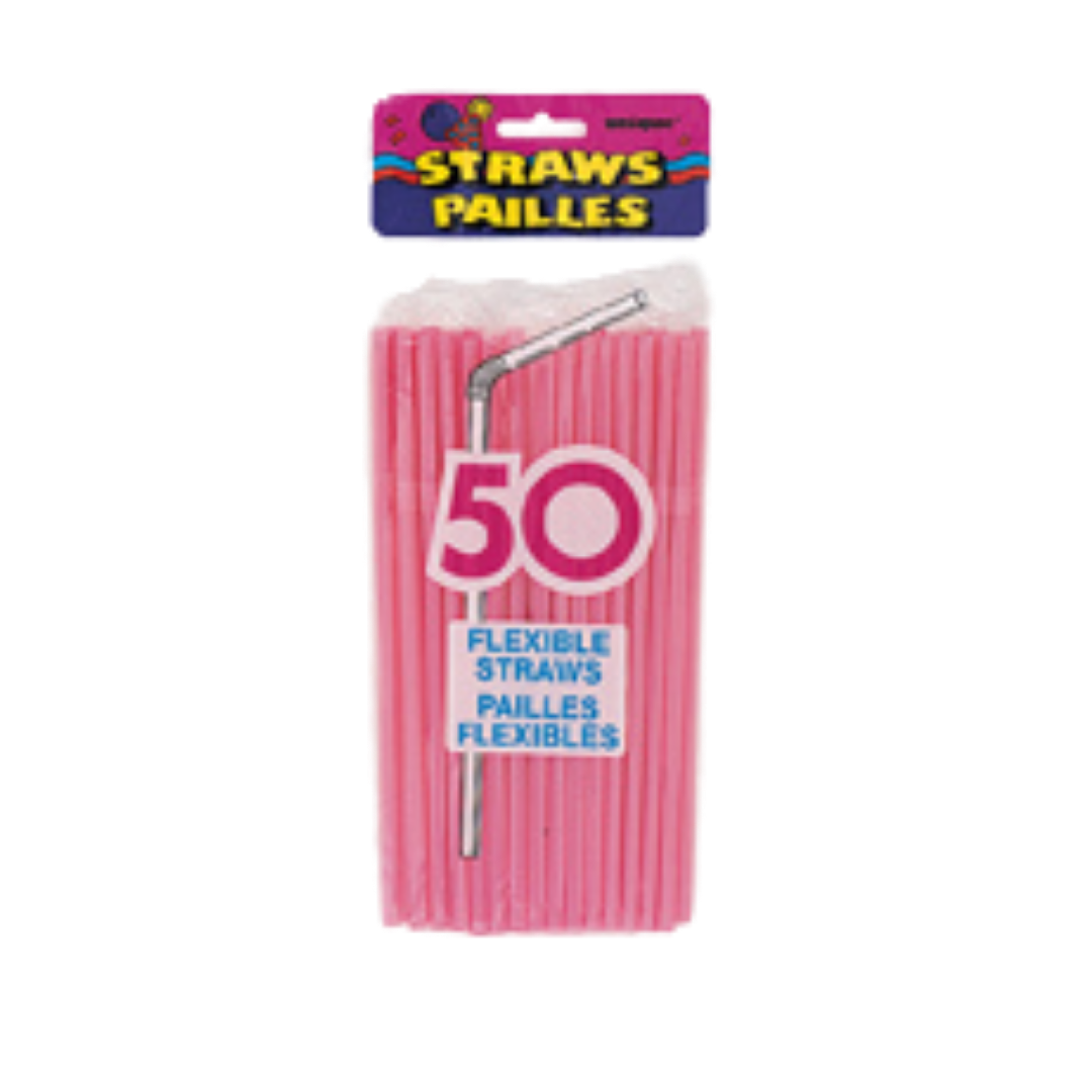 Hot Pink Designer Flex Plastic Straws - 50 pk