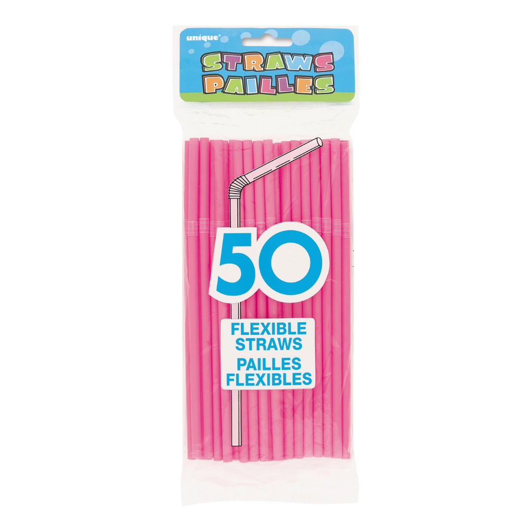 Hot Pink Designer Flex Plastic Straws - 50 pk