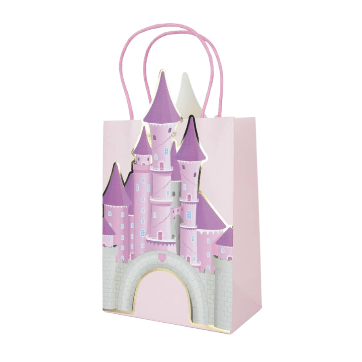 Pink princess castle gift bag with handles for birthday from Parte Haus party supply store in Bethesda MD