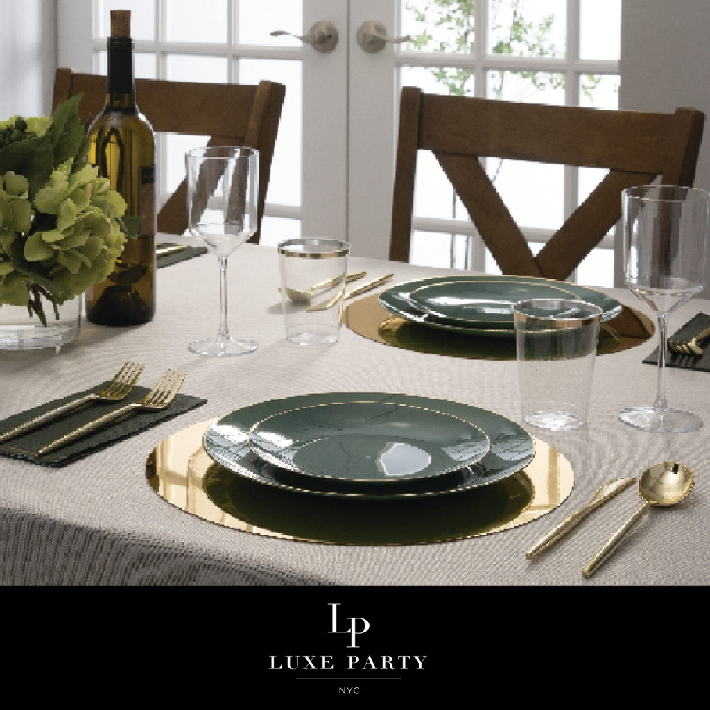 Green and gold dinnerware elegant table setting for dinner from Parte Haus party supply store in Bethesda MD