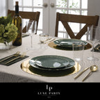 Green and gold dinnerware elegant table setting for dinner from Parte Haus party supply store in Bethesda MD