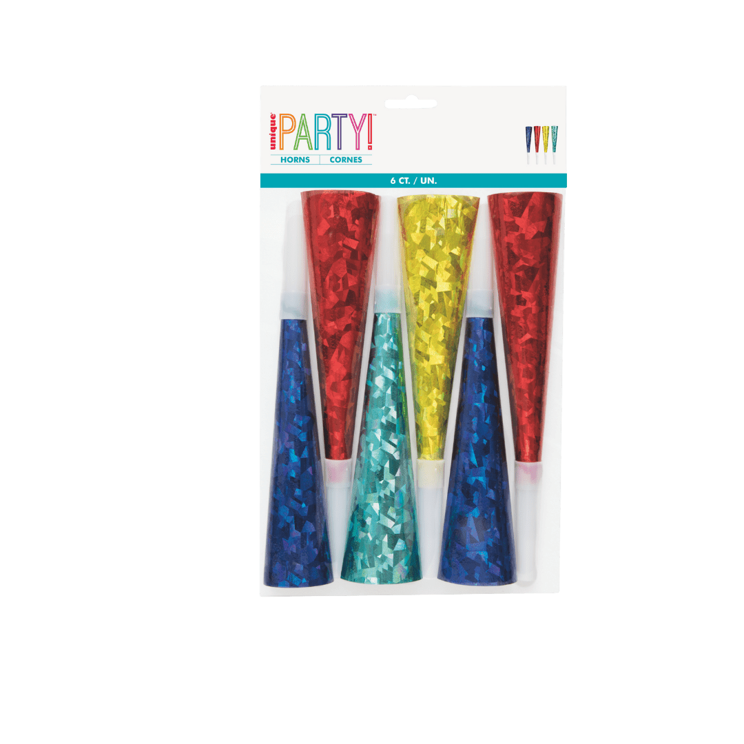 Red yellow blue and green metallic party horns festive decorations for birthday from Parte Haus party supply store in Bethesda Maryland