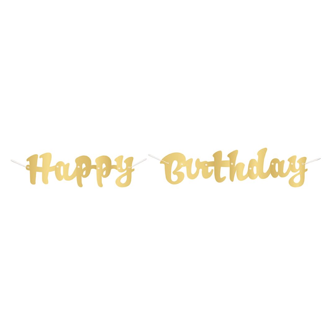 gold happy birthday banner with cursive letters birthday decoration from Parte Haus party supply store in Bethesda MD