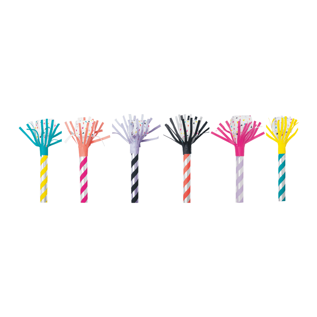 Colorful striped paper blowouts with fringe for birthday celebration from Parte Haus party supply store in Bethesda MD.