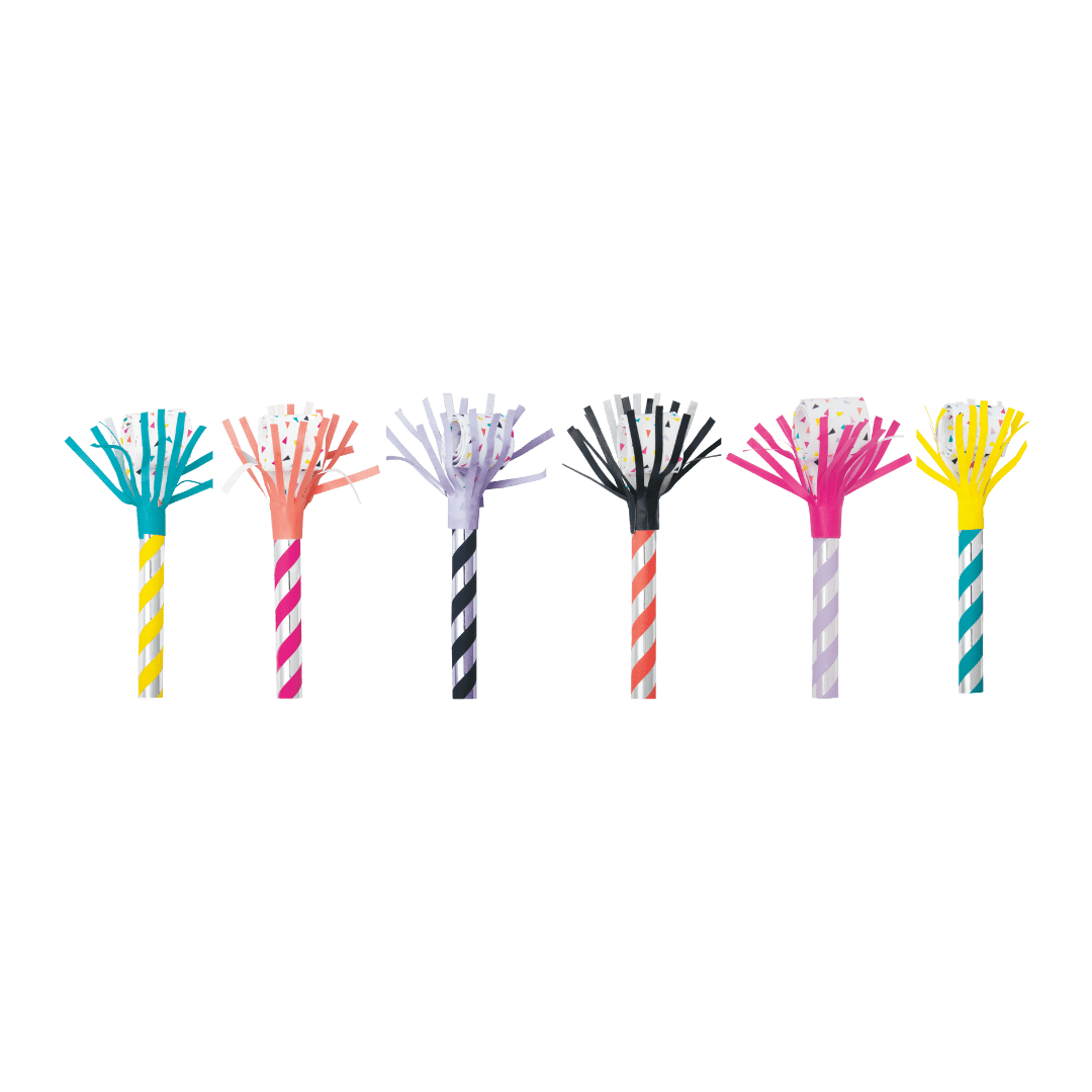 Colorful striped paper blowouts with fringe for birthday celebration from Parte Haus party supply store in Bethesda MD.