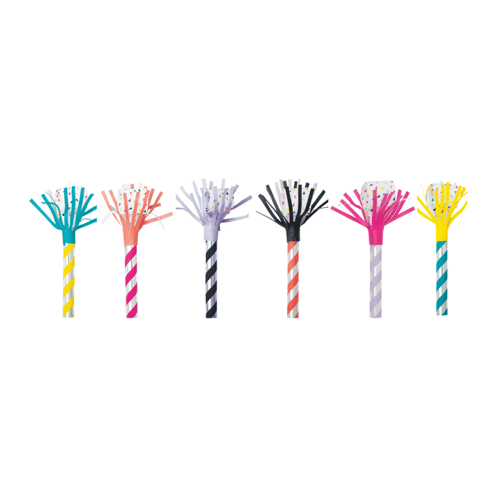 Colorful striped paper blowouts with fringe for birthday celebration from Parte Haus party supply store in Bethesda MD.