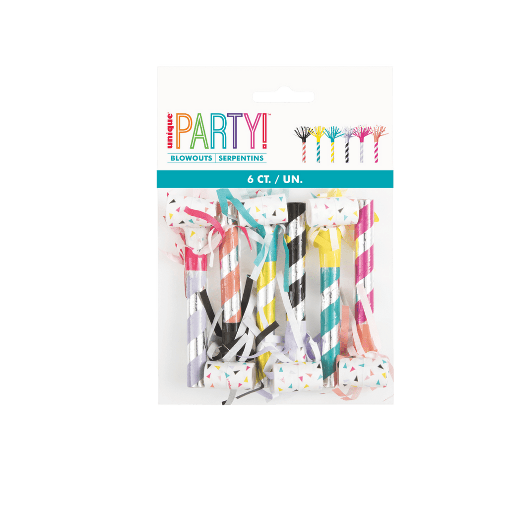Multicolor blowout noisemakers striped design for birthday celebration from Parte Haus party supply store in Bethesda Maryland