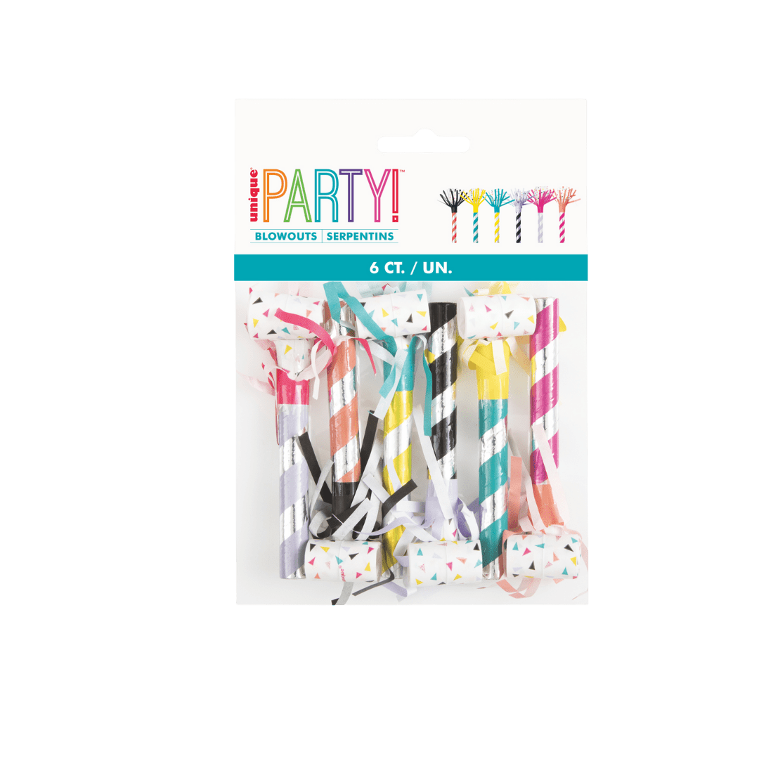 Multicolor blowout noisemakers striped design for birthday celebration from Parte Haus party supply store in Bethesda Maryland