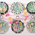 Pink and green tropical leaf plates and flamingo decor tropical birthday theme from Parte Haus party supply store in Bethesda Maryland